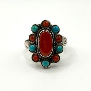 Vintage Ring With Coral & Turquoise Stones Oval Design Size 9.5